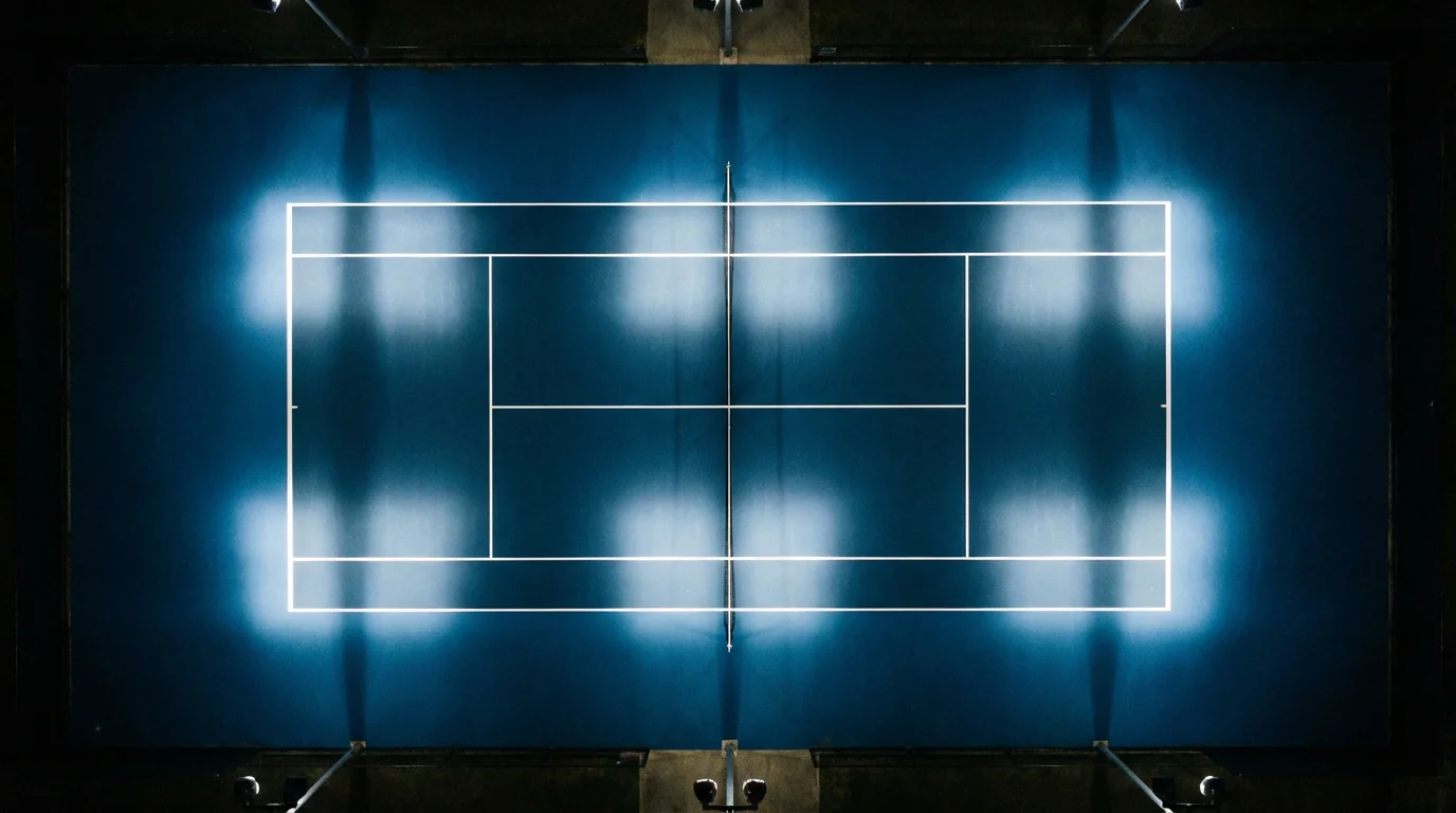 Court de tennis vu en plongée avec des lignes géométriques nettes sous un éclairage de stade