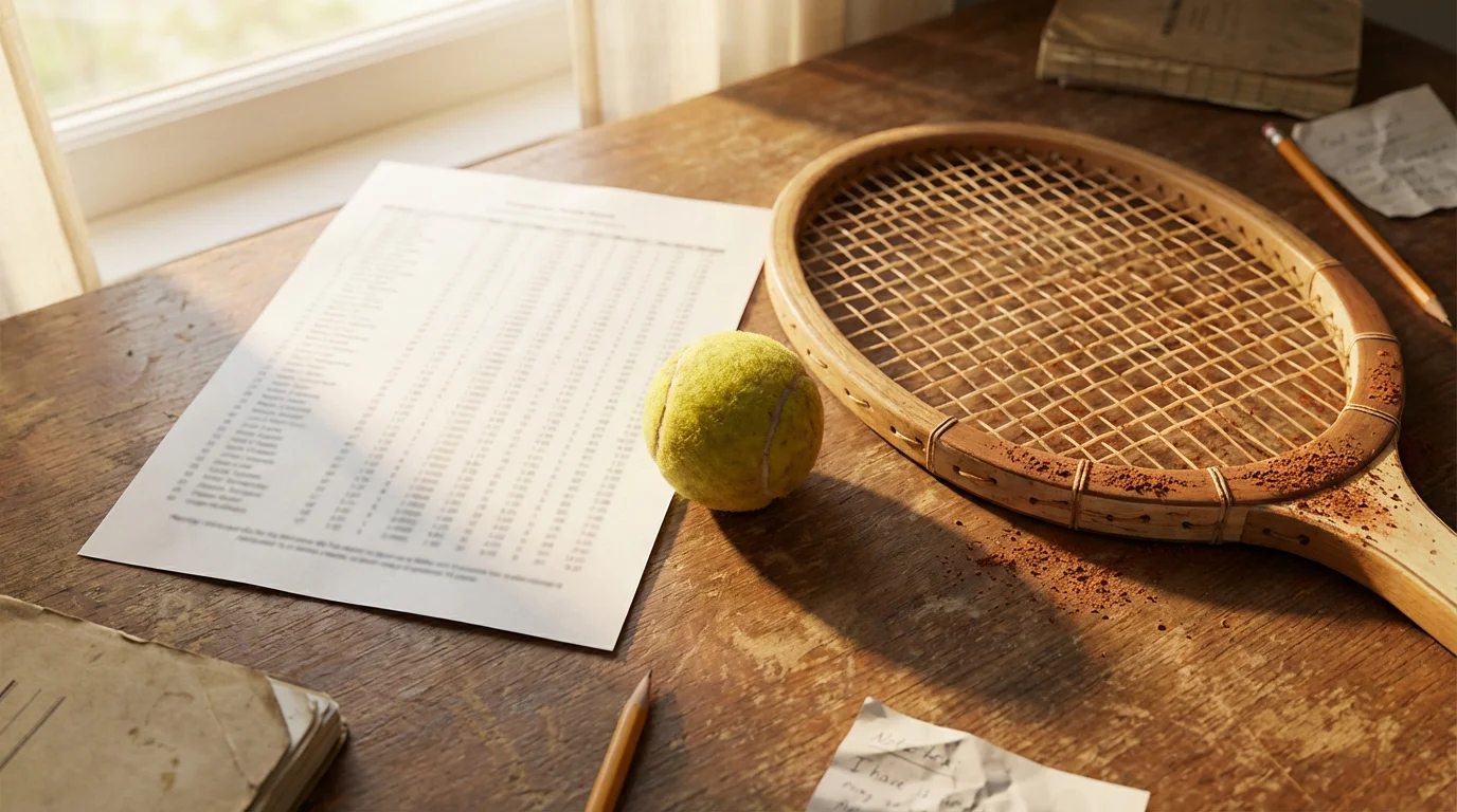 Tableau de classement ELO tennis avec raquette posée sur un court en terre battue