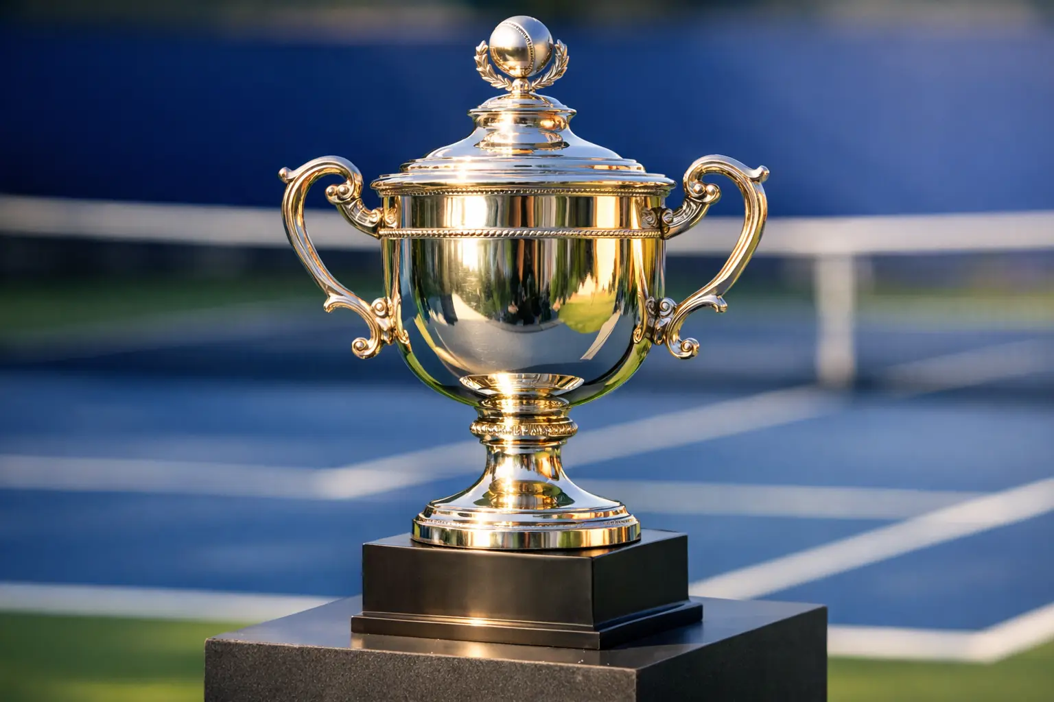 Troph&eacute;e de Grand Chelem expos&eacute; devant un court central