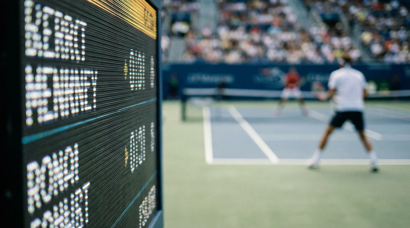 Tableau d'affichage d'un court de tennis montrant les scores avec un joueur flou en arrière-plan