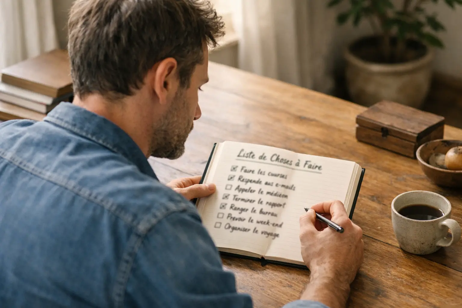 Homme r&eacute;fl&eacute;chissant devant un bloc-notes avec liste de contr&ocirc;le