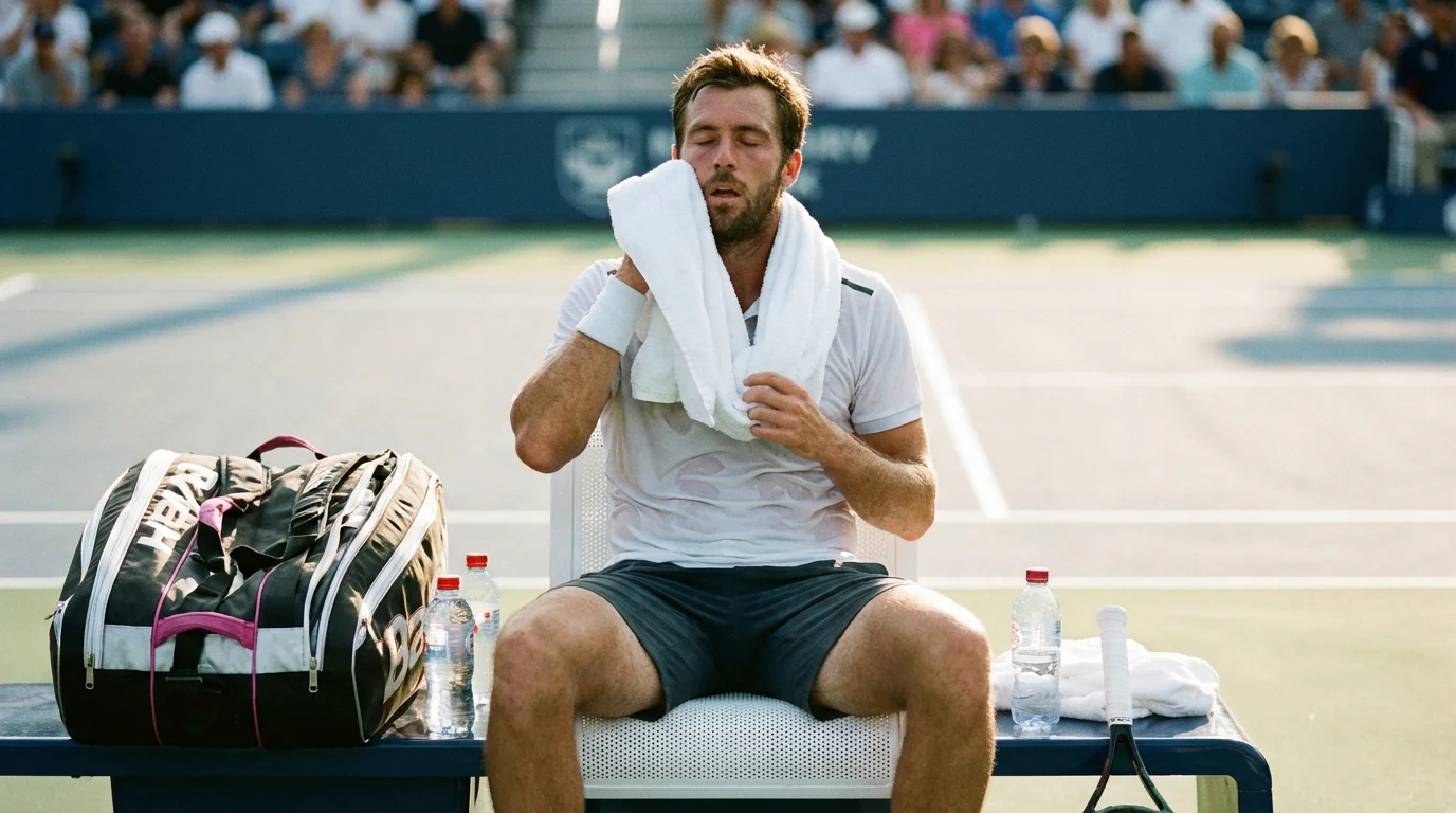 Joueur de tennis s'essuyant le visage avec une serviette assis sur le banc entre deux sets