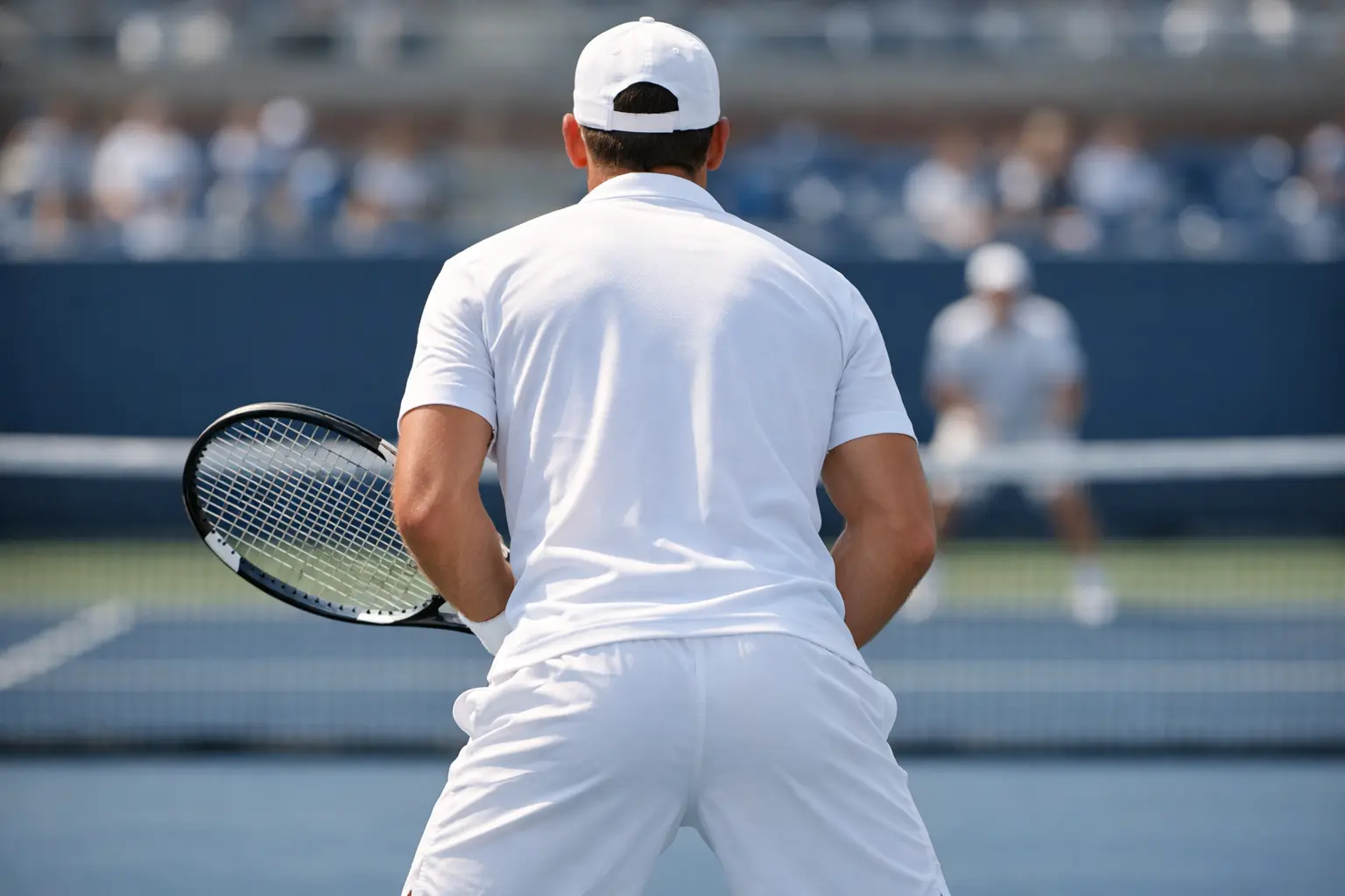 Joueur de tennis professionnel concentr&eacute; avant son service sur court dur