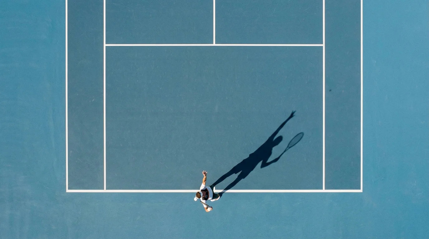 Vue plongeante d'un court de tennis avec un joueur au service et des lignes nettes