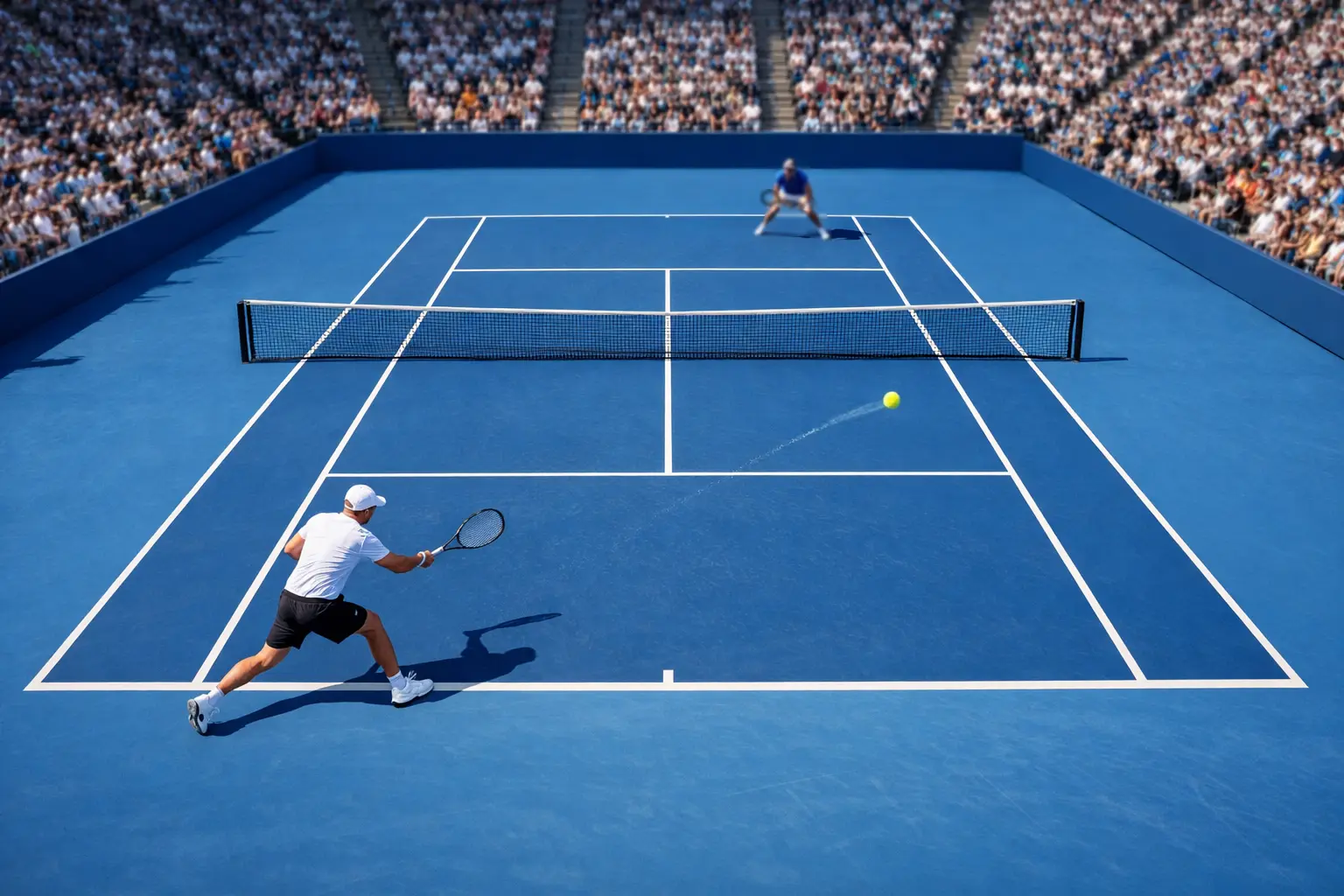 Vue panoramique d'un court de tennis professionnel pendant un match