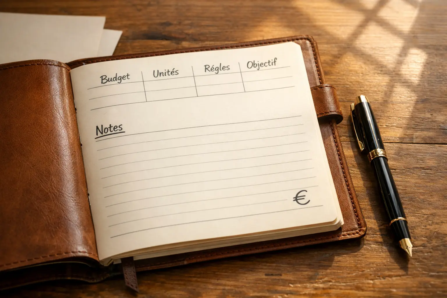 Bloc-notes avec planning financier et symbole euro sur bureau en bois