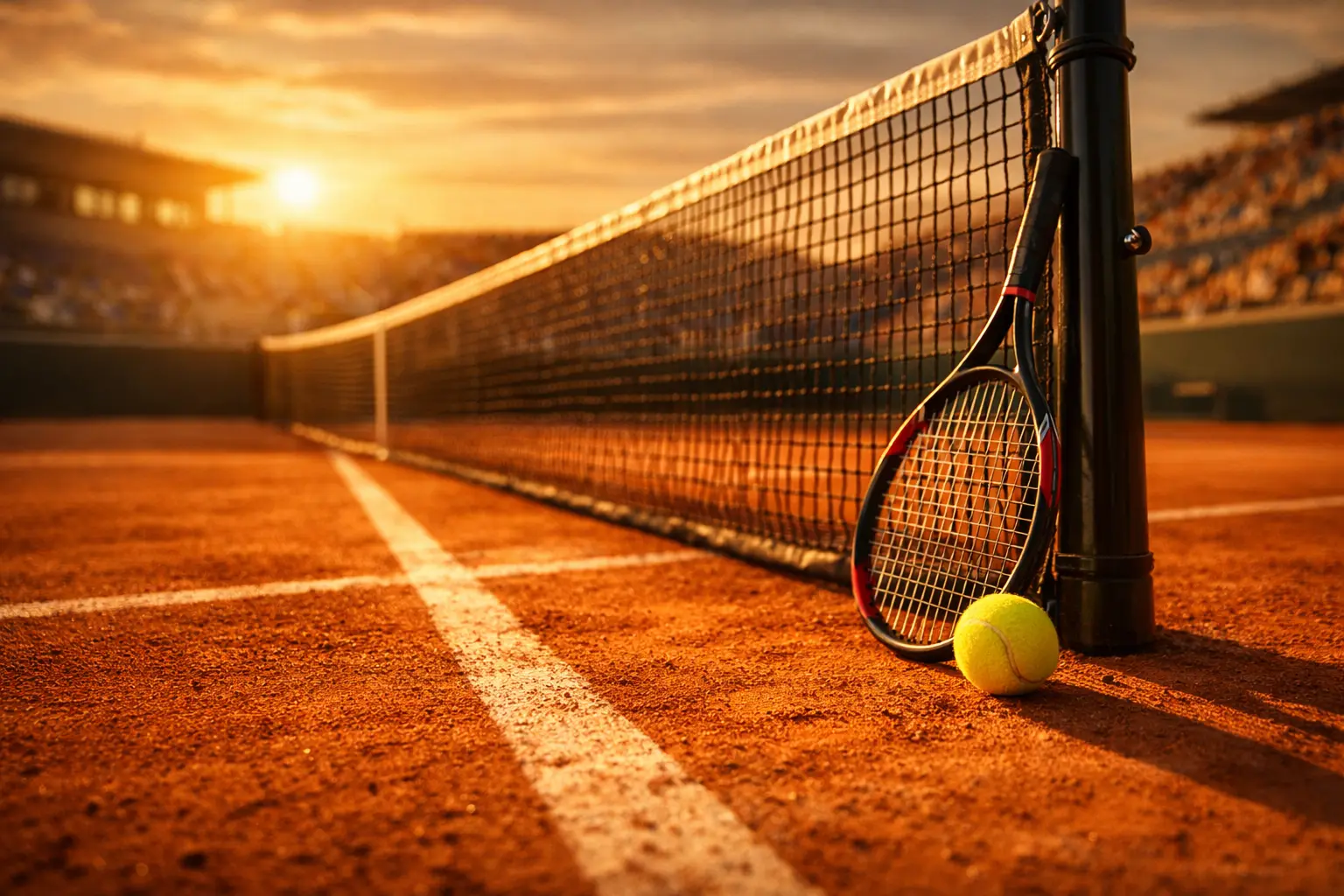 Court de tennis en terre battue avec raquette et balle au coucher du soleil