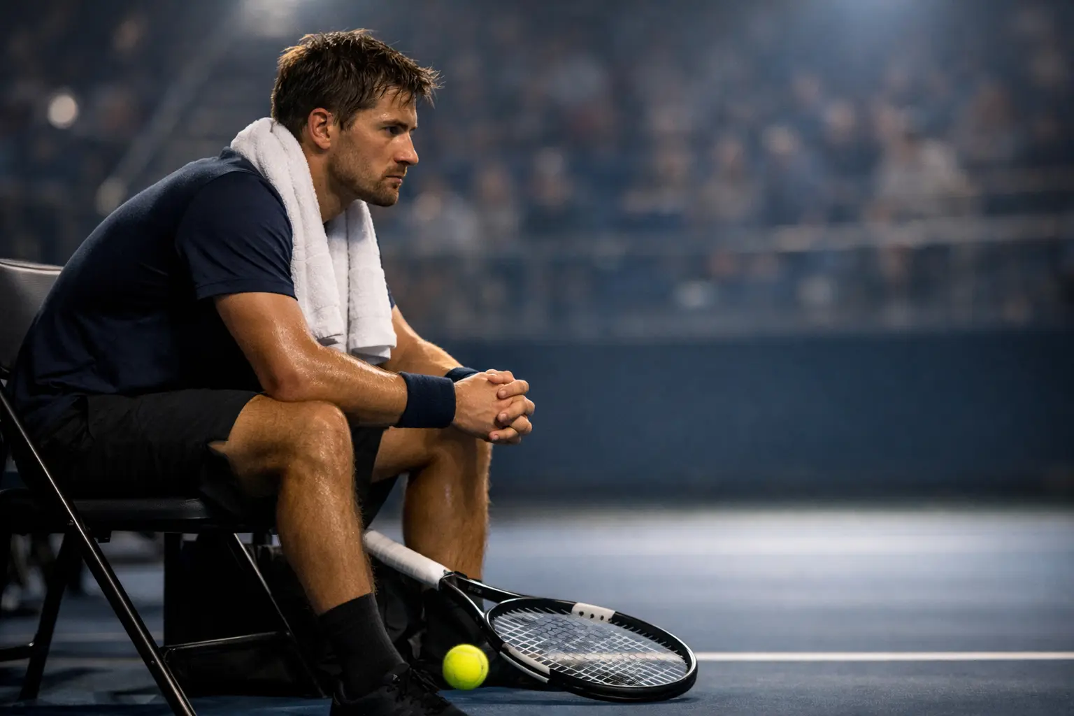 Joueur de tennis concentr&eacute; analysant le jeu de son adversaire