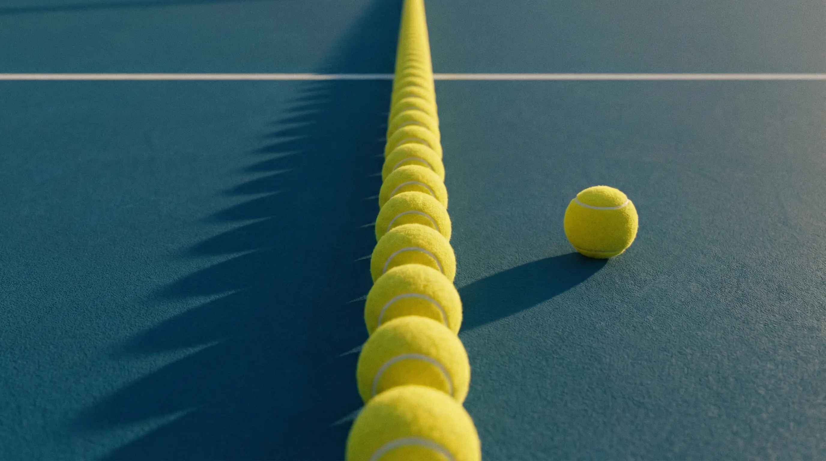 Rangée de balles de tennis alignées sur un court avec une seule balle sortie du rang