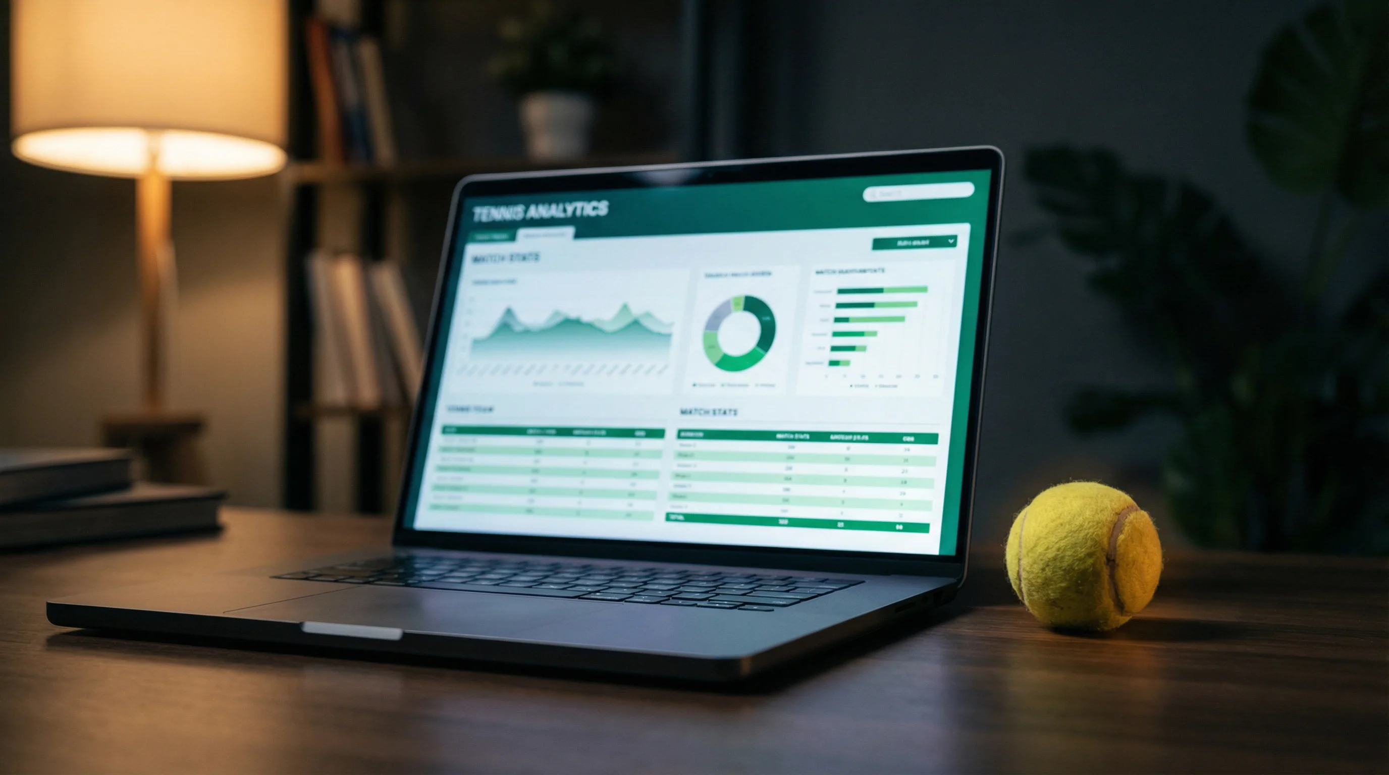 Écran d'ordinateur affichant des statistiques de tennis avec une balle de tennis posée à côté