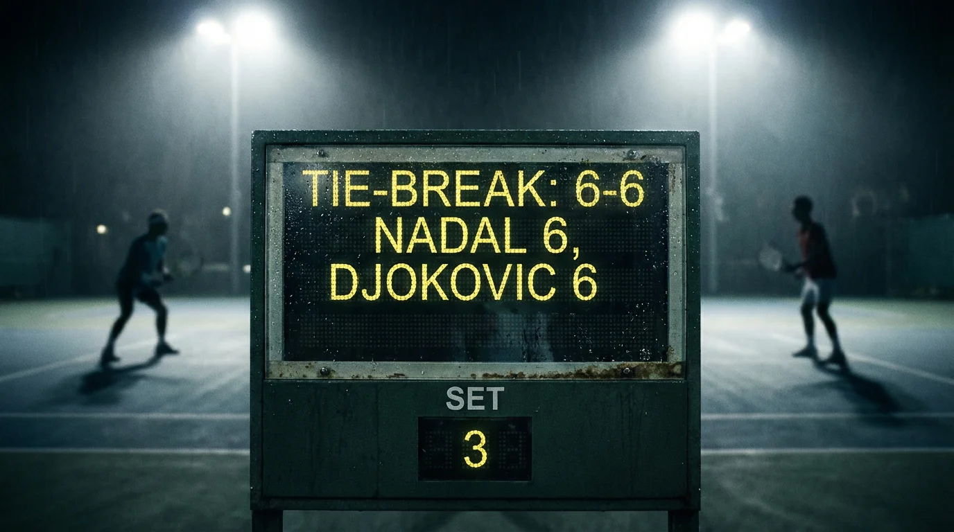 Scoreboard de tennis affichant un tie-break serré lors d'un match en soirée