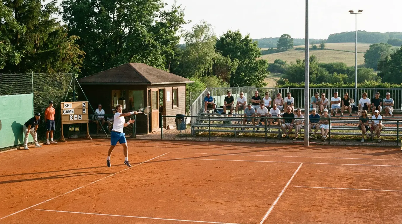 Petit court de tennis d'un tournoi Challenger avec quelques spectateurs en tribunes
