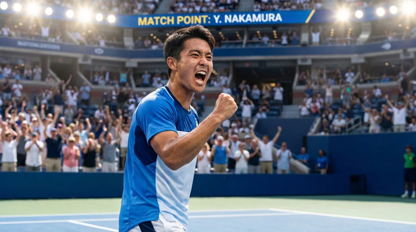 Joueur de tennis célébrant un point gagné sur un court en dur lors d'un Masters