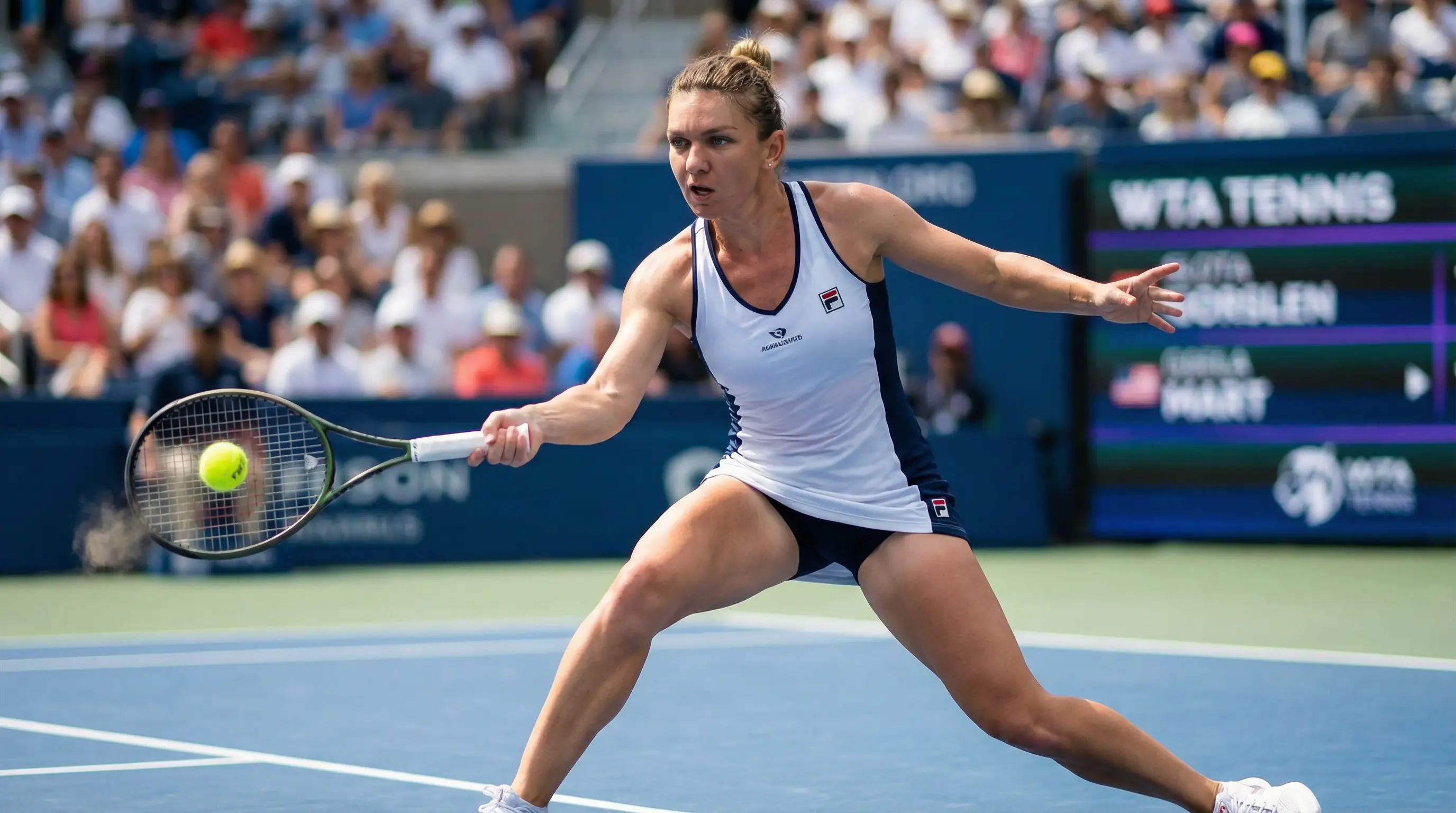 Joueuse de tennis en plein coup droit sur un court en dur lors d'un tournoi WTA