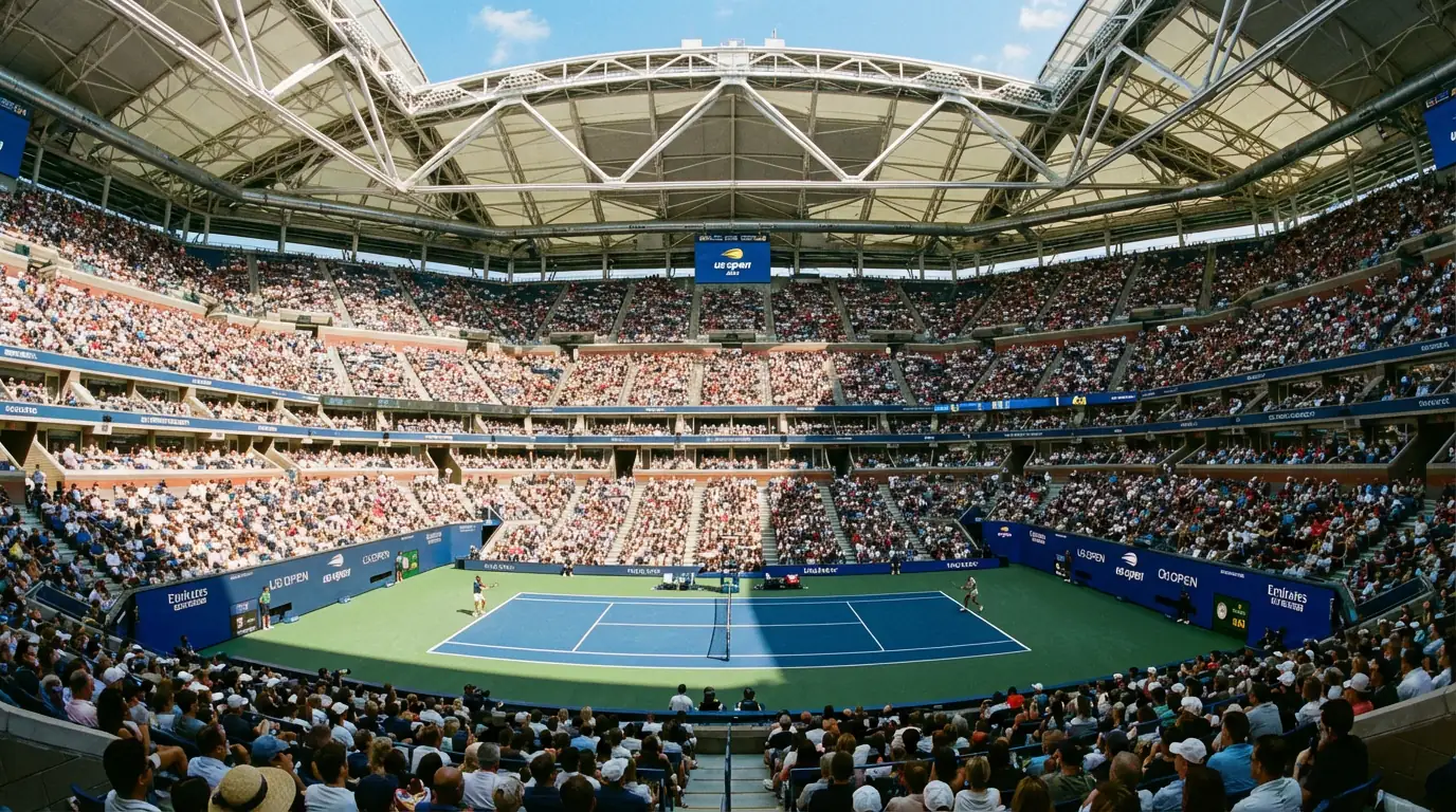 Vue panoramique d'un stade de tennis rempli pendant un match de Grand Chelem en journée