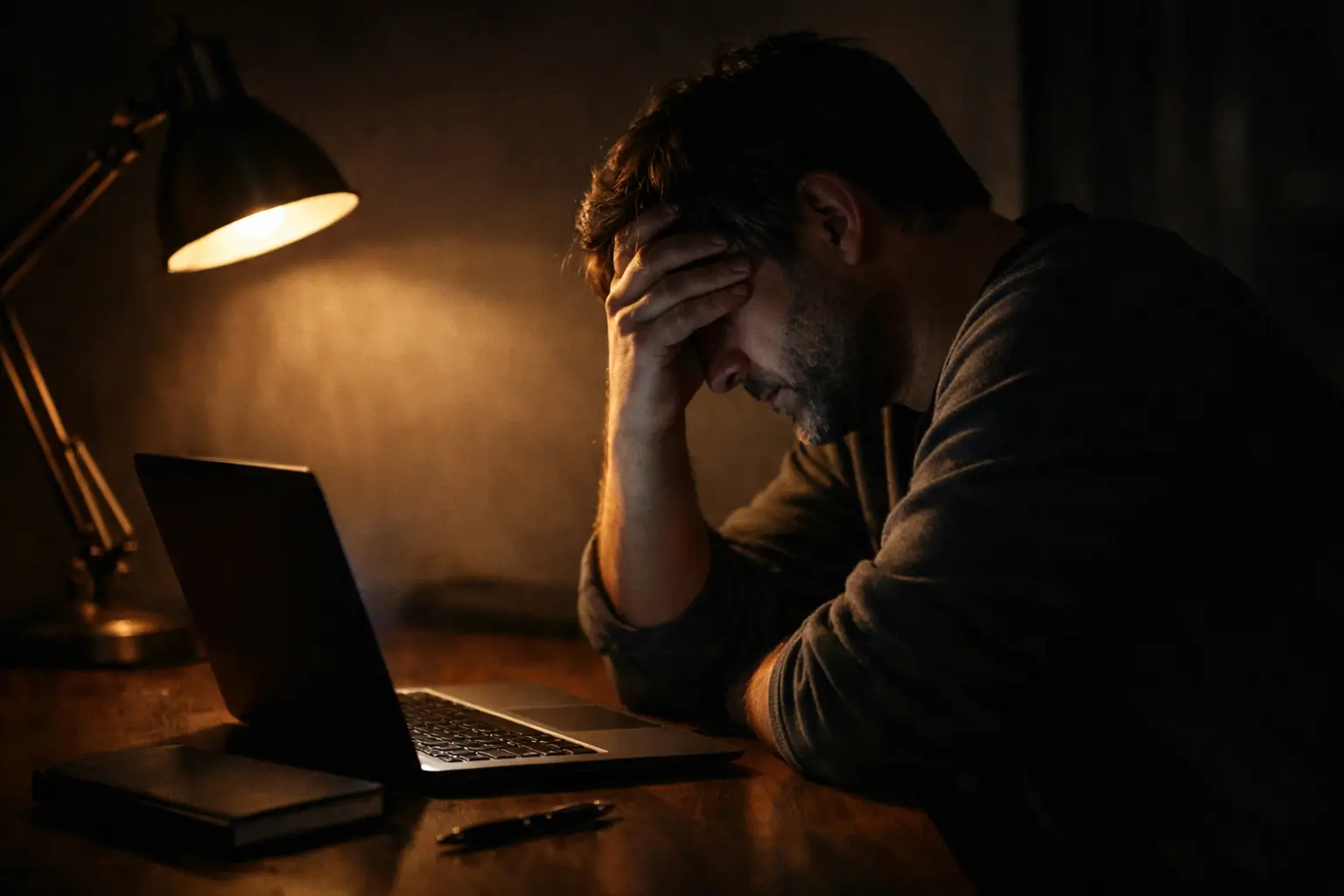 Personne stress&eacute;e se tenant la t&ecirc;te devant un &eacute;cran