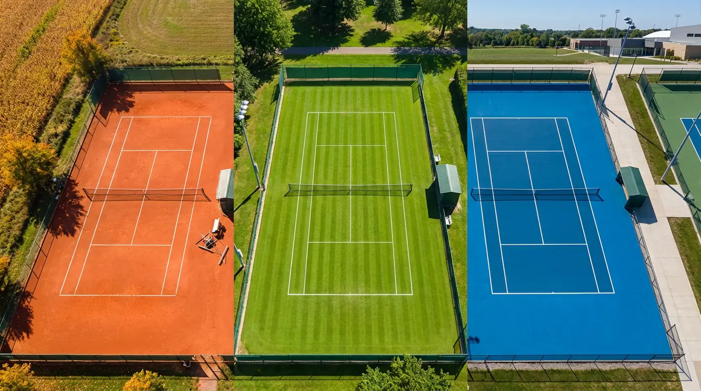 Quatre courts de tennis vus du ciel montrant différentes surfaces : terre battue, gazon, dur