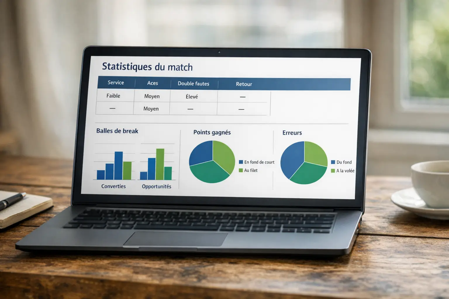 Tableau de statistiques de tennis avec pourcentages de service et retour