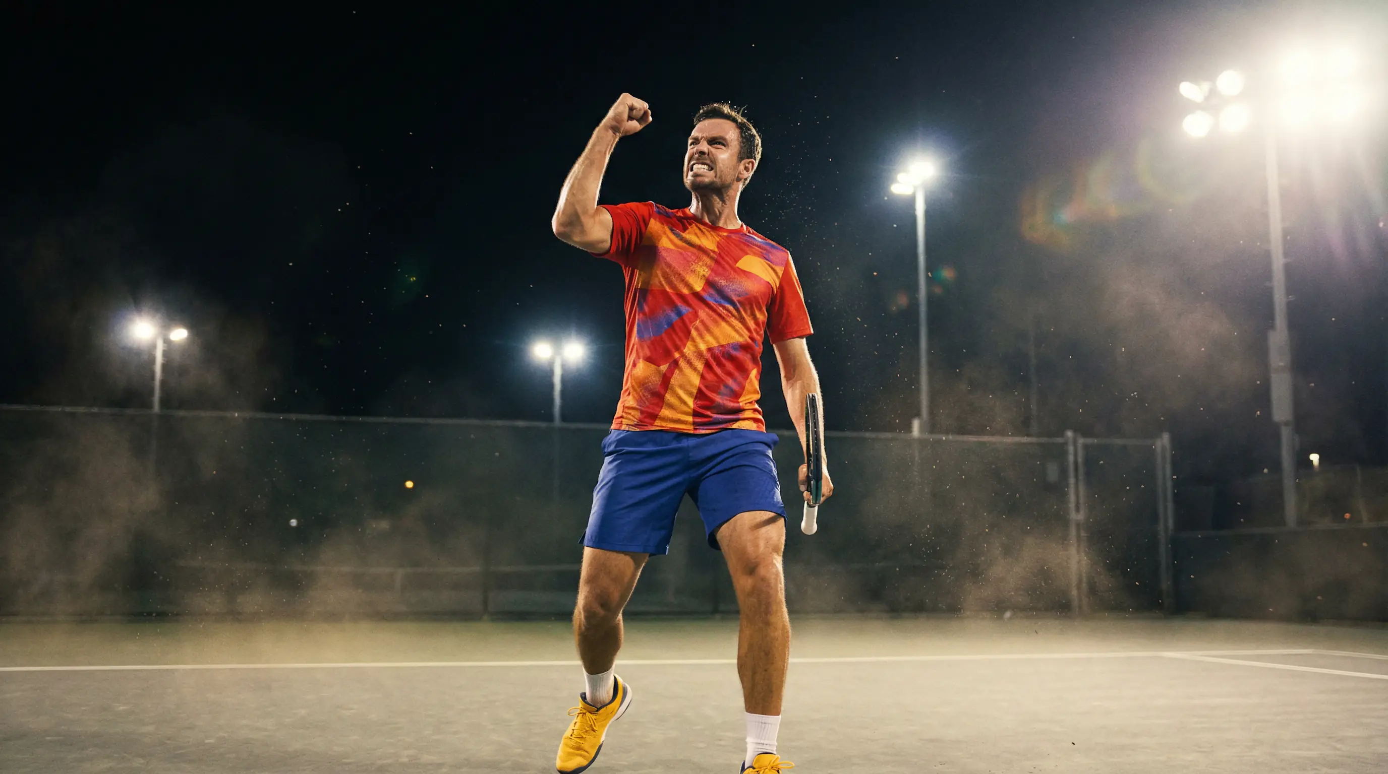 Joueur de tennis célébrant un point décisif le poing serré sur un court en dur sous les lumières