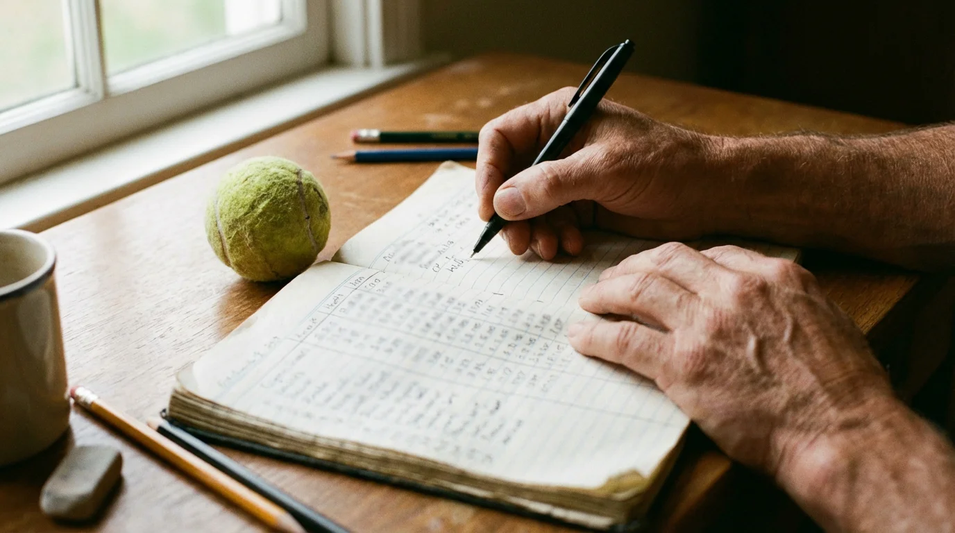 Personne analysant des notes dans un carnet avec une balle de tennis sur le bureau