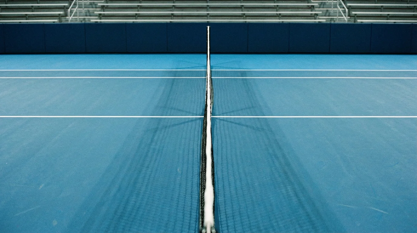 Deux moitiés d'un court de tennis vues de face séparées par le filet sous un éclairage symétrique