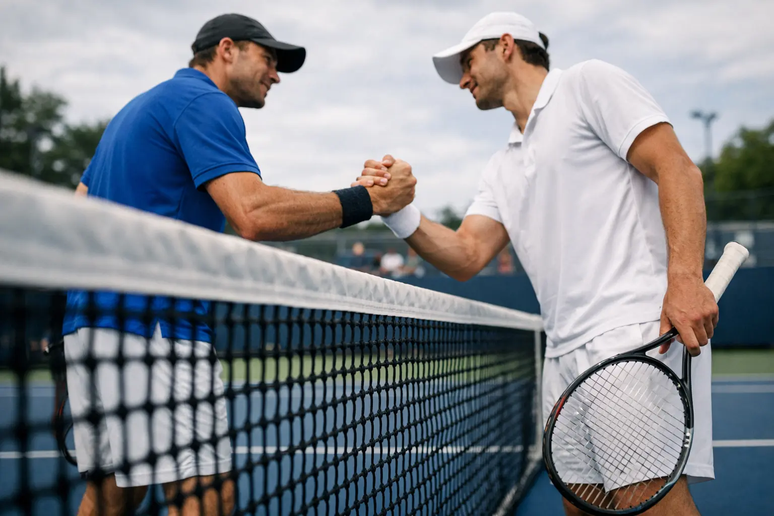 Deux joueurs de tennis face à face au filet après un match serré