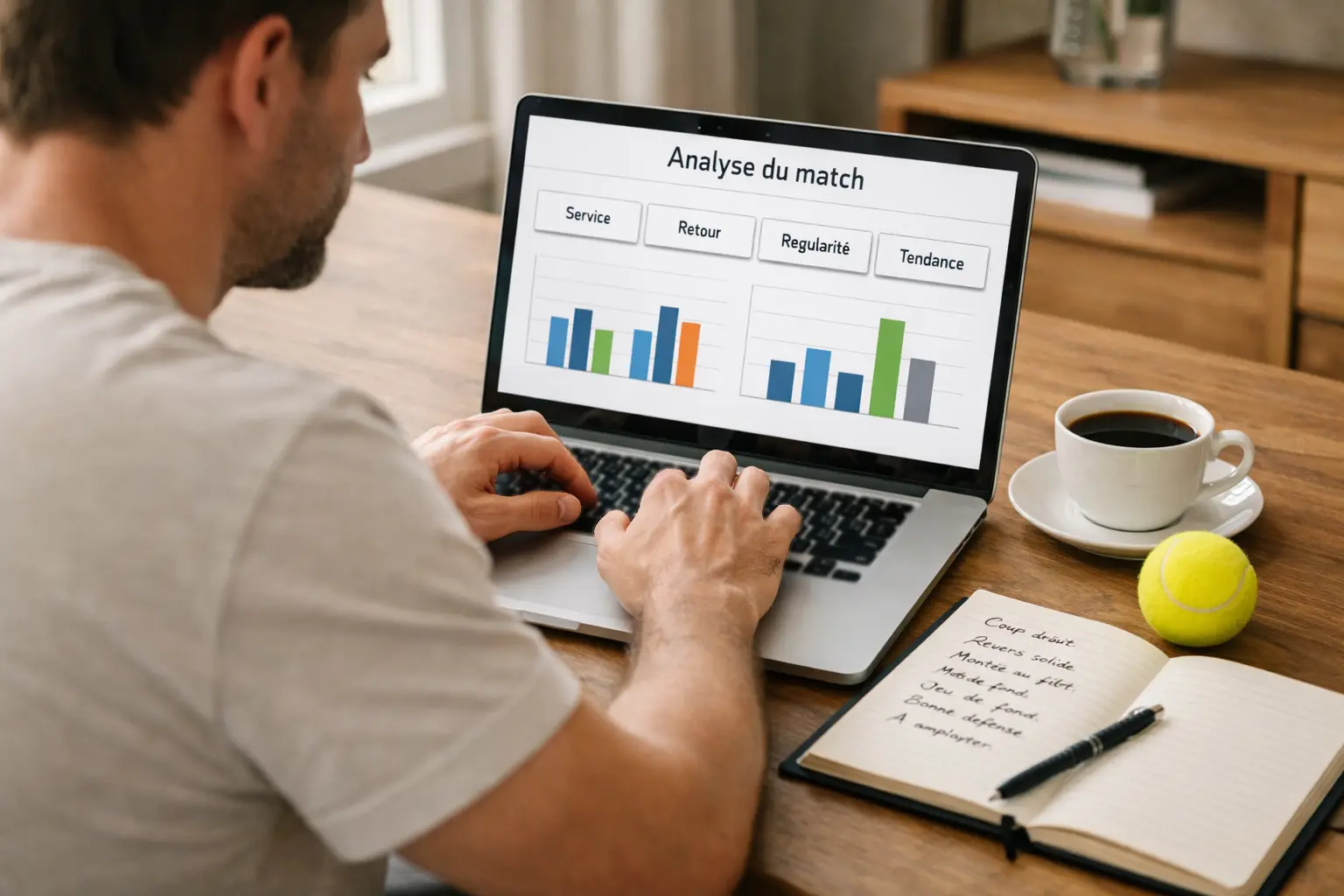 Personne analysant des données de tennis sur un écran d'ordinateur portable