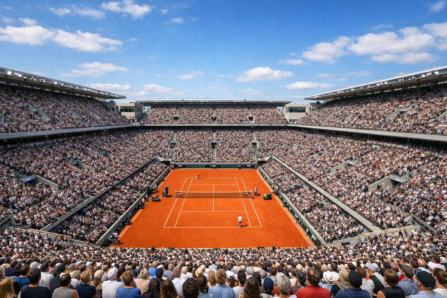 Vue panoramique d'un court central lors d'un tournoi du Grand Chelem avec tribunes pleines