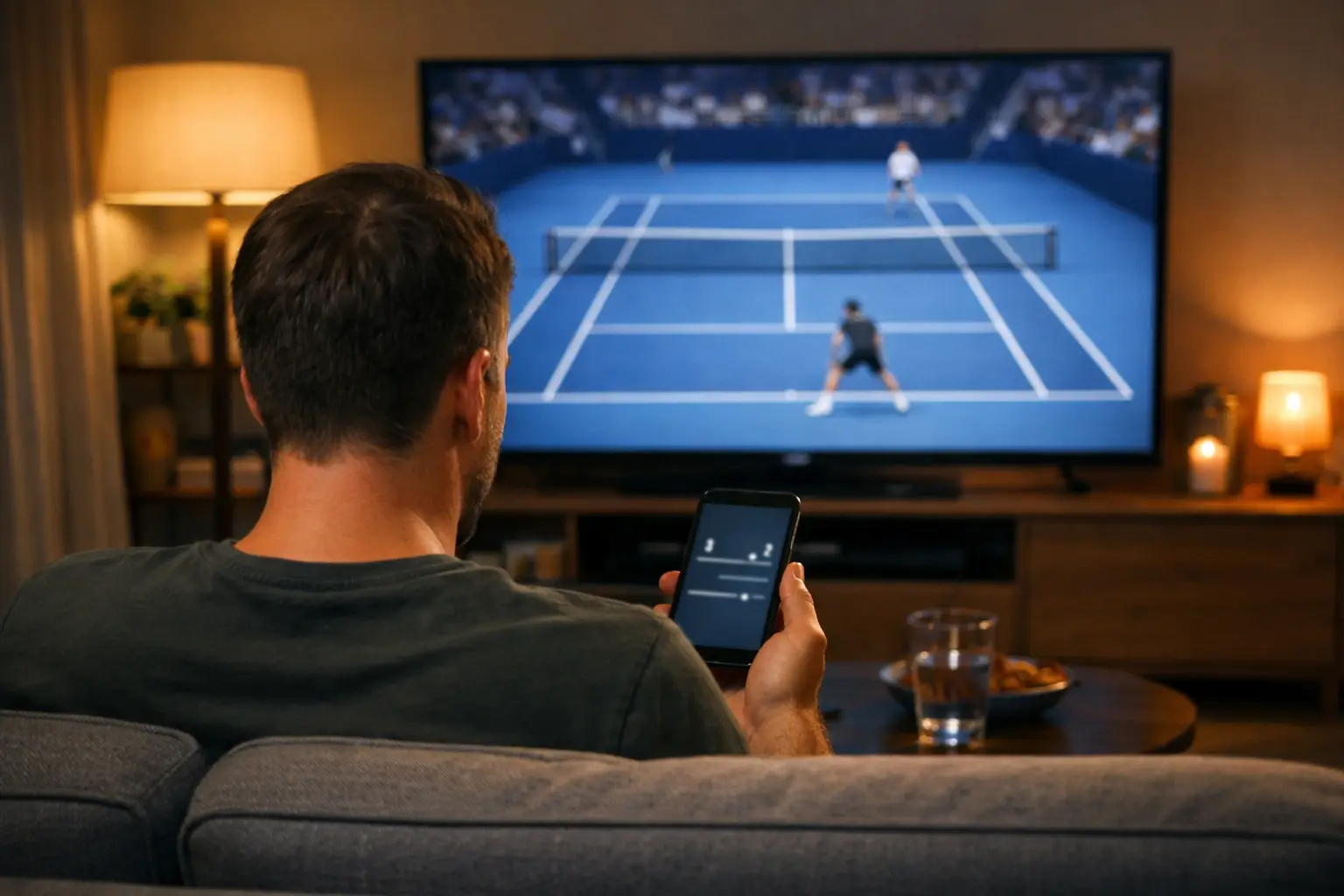 Spectateur regardant un match de tennis sur grand écran dans un stade