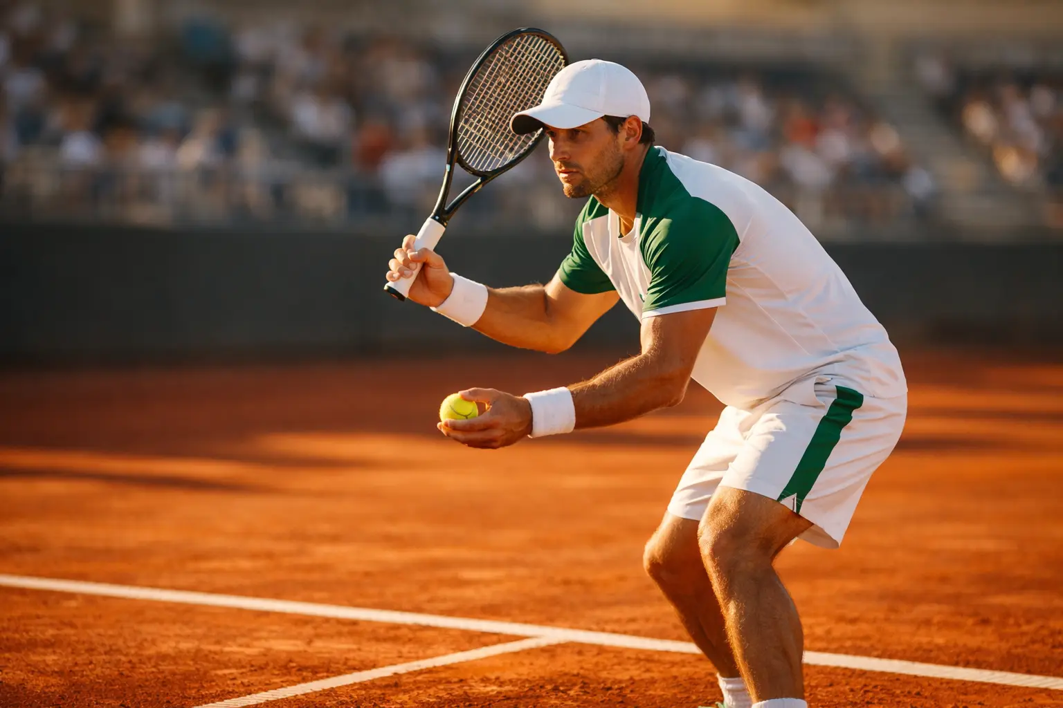 Joueur de tennis professionnel sur un court en terre battue, concentré avant un service