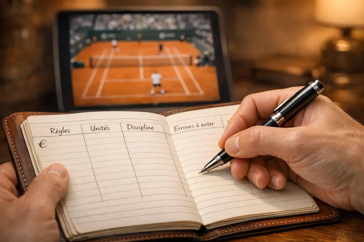 Main prenant des notes dans un carnet à côté d'un écran affichant un match de tennis