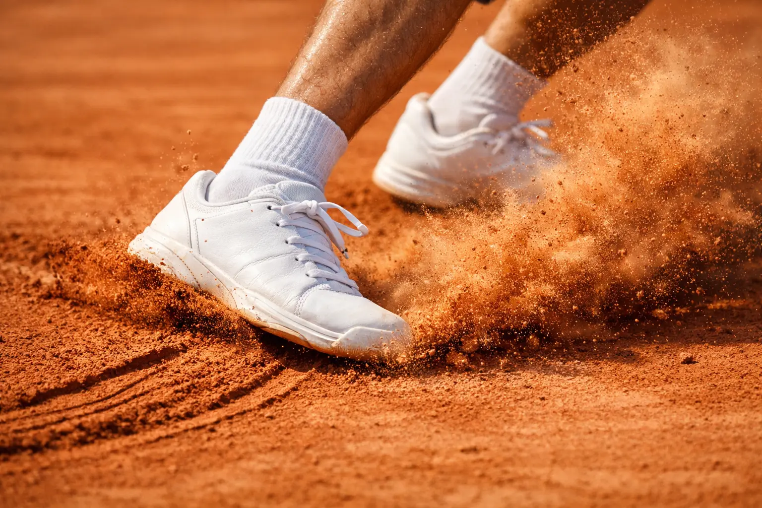 Glissade d'un joueur sur terre battue orange de Roland-Garros