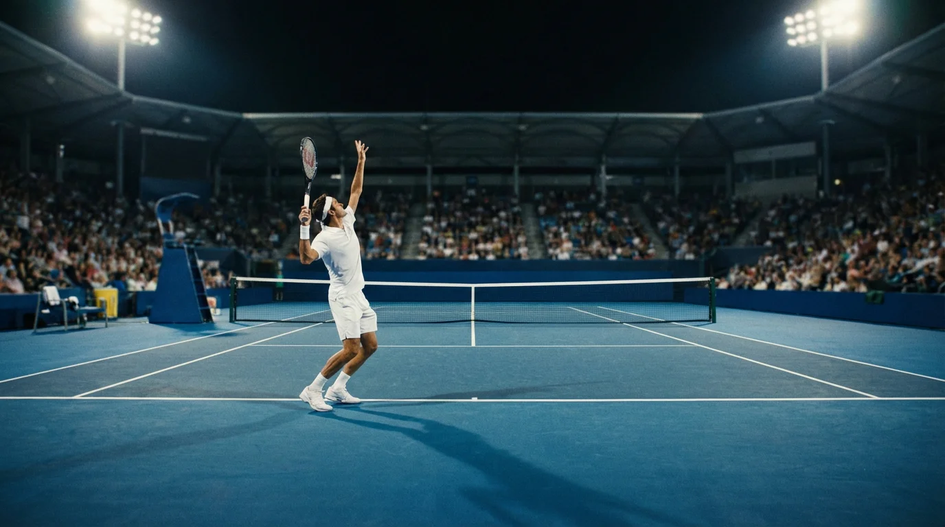 Court de tennis vu depuis la ligne de fond avec un joueur prêt à servir sous les projecteurs